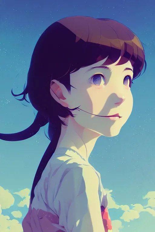 Image similar to portrait of a smiling girl by ilya kuvshinov, cloudy sky background lush landscape ln illustration concept art anime key visual trending pixiv by victo ngai fanbox by greg rutkowski makoto shinkai takashi takeuchi studio ghibli