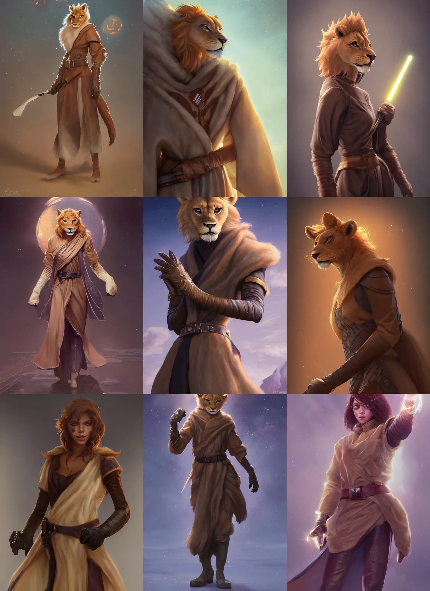 Prompt: beautiful portrait of a female anthropomorphic lioness fursona wearing jedi robes. leather gloves. character design by disney, charlie bowater, ross tran, artgerm, and makoto shinkai, detailed, soft lighting, rendered in octane