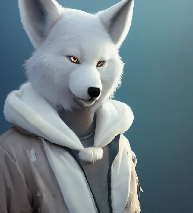 Image similar to a beautiful fullbody portrait of a cute male anthropomorph white wolf wearing a kigurumi. character design by cory loftis, fenghua zhong, ryohei hase, ismail inceoglu and ruan jia. artstation, volumetric light, detailed, photorealistic, rendered in octane