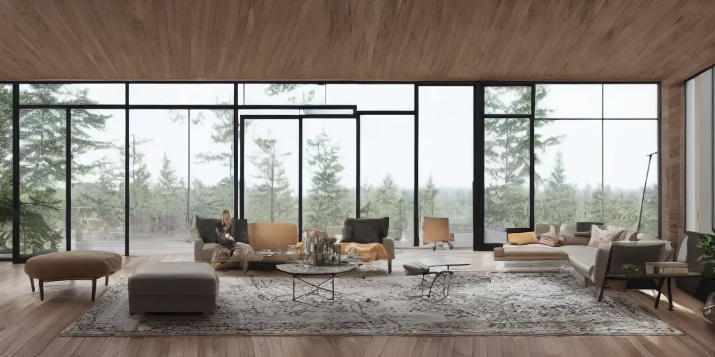 Prompt: a beautiful modern living room with wood floors, large windows with a beautiful view of a forest, an area rug, realistic, hd, 8 k, digital rendering, unreal engine, blender, octane, maya