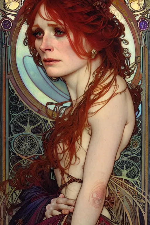Prompt: realistic detailed full portrait of Mother Goddess Bryce Dallas Howard by Alphonse Mucha, Ayami Kojima, Amano, Charlie Bowater, Karol Bak, Greg Hildebrandt, Jean Delville, and Mark Brooks, fertile, Neo-Gothic, motherly, rich deep motherly colors