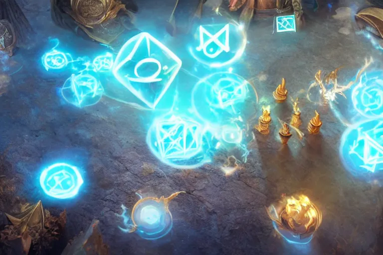 Image similar to A powerful Sorcerer draws magic glowing runes in the air, enchanting objects with glyph magic, D&D fantasy setting, 4k