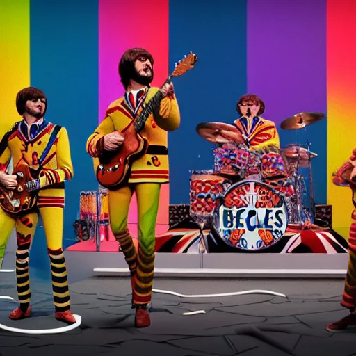 Image similar to The Beatles, Sgt Peppers era, rendered in octane, rendered in vray, rendered in Arnold, insanely detailed, photorealistic, cinematic, global illumination