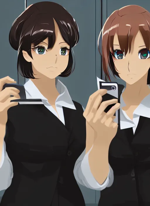 Image similar to a mirror selfie of two beautiful office ladies, gorgeous faces, thick lines, cinematic lighting, detailed anime art