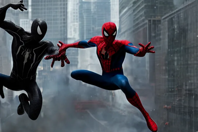 Image similar to Spider-Man fighting Venom live action fight scene by Emmanuel Lubezki