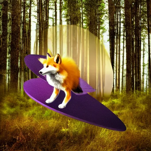 Image similar to a purple fox with a long fluffy and shiny coat sits in the forest on a ufo flying saucer. super realistic photo. clear details