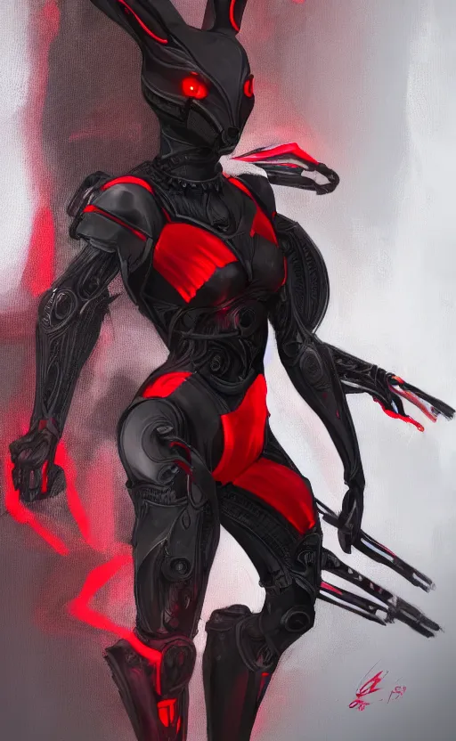 Prompt: Full body portrait of a cyborg rabbit assassin, in black carbon and red fiber sci-fi armor, tech wear, sci-fi, intricate, elegant, highly detailed, digital painting, artstation, concept art, smooth, sharp focus, illustration, trending on art station, dynamic lighting, cinematic, ultra detailed, fantasy concept art
