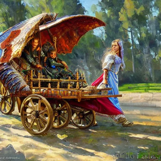 Image similar to a medieval cart bringing with gifts from the cloud tribe, dragon scales and crates of food, fantasy splash art by Michael Garmash, Donato Giancola