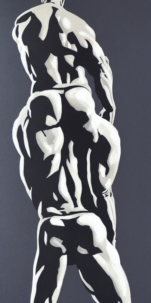 Image similar to thick long paint brush strokes, outline suggesting the physique of a thin athletic male doing pullup, matte paint colors, minimal painting, negative space, long flowing brush strokes