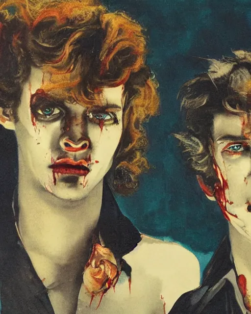 Prompt: two handsome but sinister young men wearing vivienne westwood in layers of fear, with haunted eyes and wild hair, 1 9 7 0 s, seventies, wallpaper, a little blood, moonlight showing injuries, delicate embellishments, painterly, offset printing technique, by brom, robert henri, walter popp