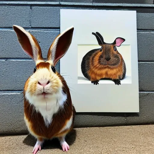 Prompt: a rabbit proudly posing next to a painting of a guinea pig