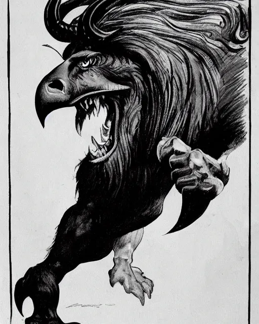 Image similar to a creature with the body and eyes of a man, with the beak of an eagle, the mane of a lion, and the horns of an ox. drawn by frank frazetta