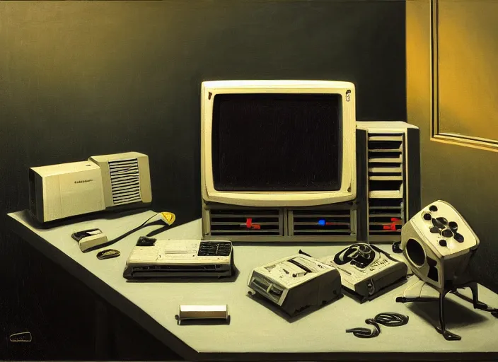 Prompt: still life painting of a retro electronics supercomputer workstation by pieter claesz, oil on canvas, blade runner vibes, syd mead concept art, minimalist, strong lighting, highly detailed, hyper realism, golden hour, god rays, hd, 4 k