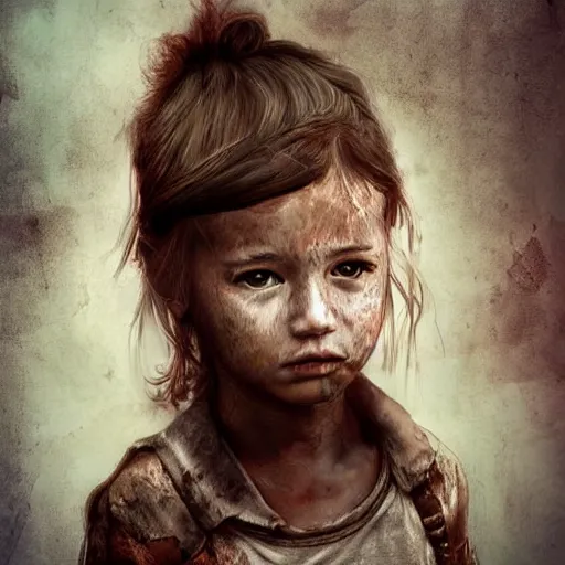 Prompt: detailed half body digital art for a game of a beautiful child wearing ragged, heavy and ruined clothes. the background is dark. dramatic camera angle