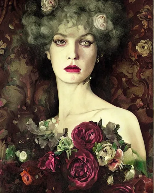 Prompt: a beautiful and eerie baroque painting of a beautiful but serious woman in layers of fear, with haunted eyes and dark hair piled on her head, 1 9 7 0 s, seventies, floral wallpaper, wilted flowers, a little blood, morning light showing injuries, delicate embellishments, painterly, offset printing technique, by brom, robert henri, walter popp