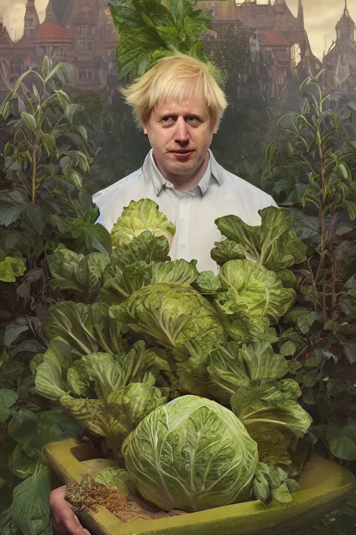 Prompt: boris johnson as garden bed for cabbage, realistic portrait, symmetrical, highly detailed, digital painting, artstation, concept art, smooth, sharp focus, illustration, cinematic lighting, art by artgerm and greg rutkowski and alphonse mucha