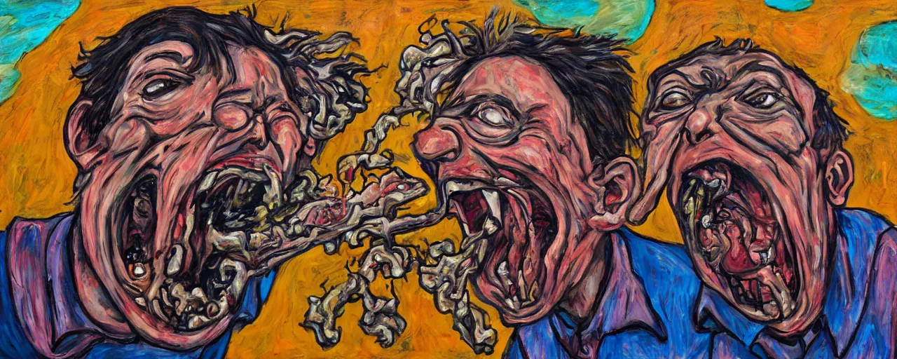 Image similar to portrait of a mad man screaming eating another head, Santacruz art style