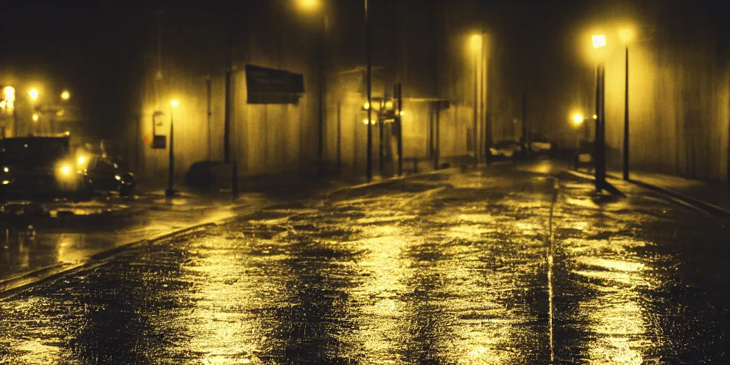 Prompt: night rain with reflections from streetlights