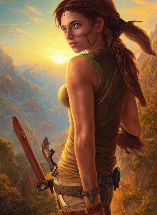 Image similar to seasoned adventurer Lara Croft, golden hour, Lilia Alvarado, Sophie Anderson, Mark Arian, Bob Byerley, Charlie Bowater, Mark Brooks, Steve Henderson, Justin Gerard, Arthur Hughes, Edward Robert Hughes, Mark Keathley, Victor Nizovtsev, Carlos Shwabe, Ross Tran, WLOP