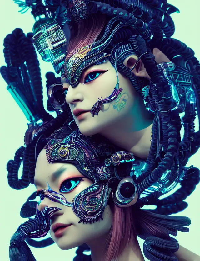 Image similar to 3 d goddess close - up profile portrait cyberpunk with ram skull. beautiful intricately detailed japanese crow kitsune mask and clasical japanese kimono. betta fish, jellyfish phoenix, bio luminescent, plasma, ice, water, wind, creature, artwork by tooth wu and wlop and beeple and greg rutkowski