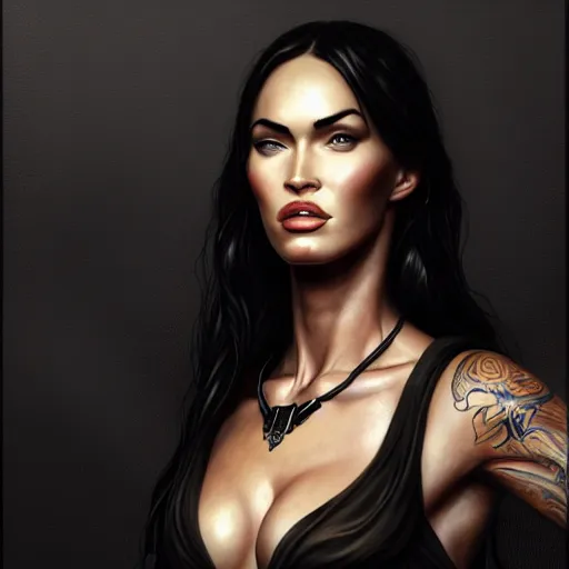 Prompt: portrait of megan fox, muscular upper body, collared, greek, jewelry, black dress, fantasy, intricate, elegant, highly detailed, digital painting, artstation, concept art, matte, sharp focus, illustration, art by aenaluck and roberto ferri and greg rutkowski, epic fantasy, digital painting