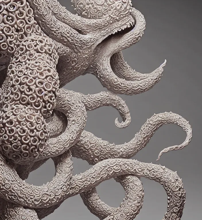 Image similar to Kraken, A Close up photo-real delicate ceramic porcelain sculpture of a symmetrical ornate detailed in front of an intricate background by Victo Ngai and takato yamamoto, micro detail, backlit lighting, face in focus, subsurface scattering, translucent, thin porcelain, octane renderer, colorful, physically based rendering, japanese pottery, trending on cgsociety