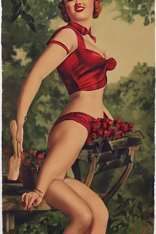 Image similar to a portrait one full body pin up post war dressing a military unioform,garden backgound Gil Elvgren style,center composition,anatomic correct