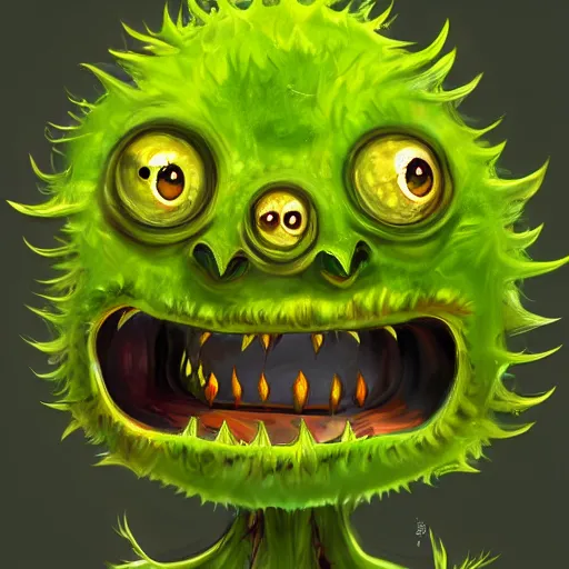 Image similar to Plant thistle monster with wicked smile and amber teeth, green body, digital art style, trending on art station