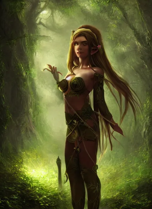 Image similar to A hyperrealistic fantasy portrait painting of a beautiful female elf in a lush dark atmospheric lightning forest, DAZ, hyperrealistic, ambient light, dynamic light, artstation, deviantart, nice body