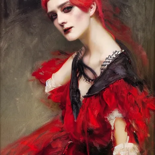 Image similar to Solomon Joseph Solomon and Richard Schmid and Jeremy Lipking victorian genre painting portrait painting of a young beautiful woman punk rock goth girl pirate wench in fantasy costume, red background