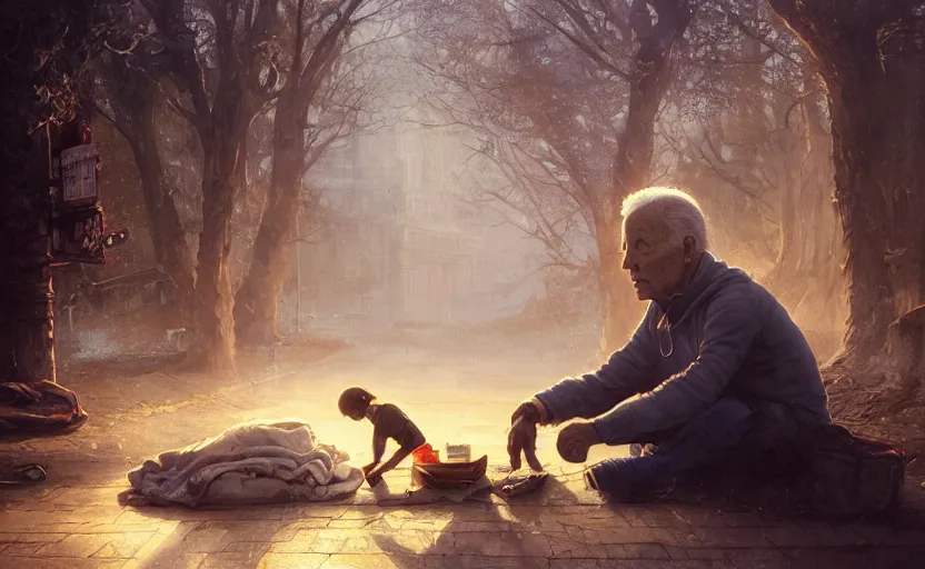 Prompt: highly detailed portrait of joe biden as a homeless, conversing with a child, stephen bliss, unreal engine, fantasy art by greg rutkowski, loish, rhads, ferdinand knab, makoto shinkai and lois van baarle, ilya kuvshinov, rossdraws, tom bagshaw, global illumination, radiant light, detailed and intricate environment