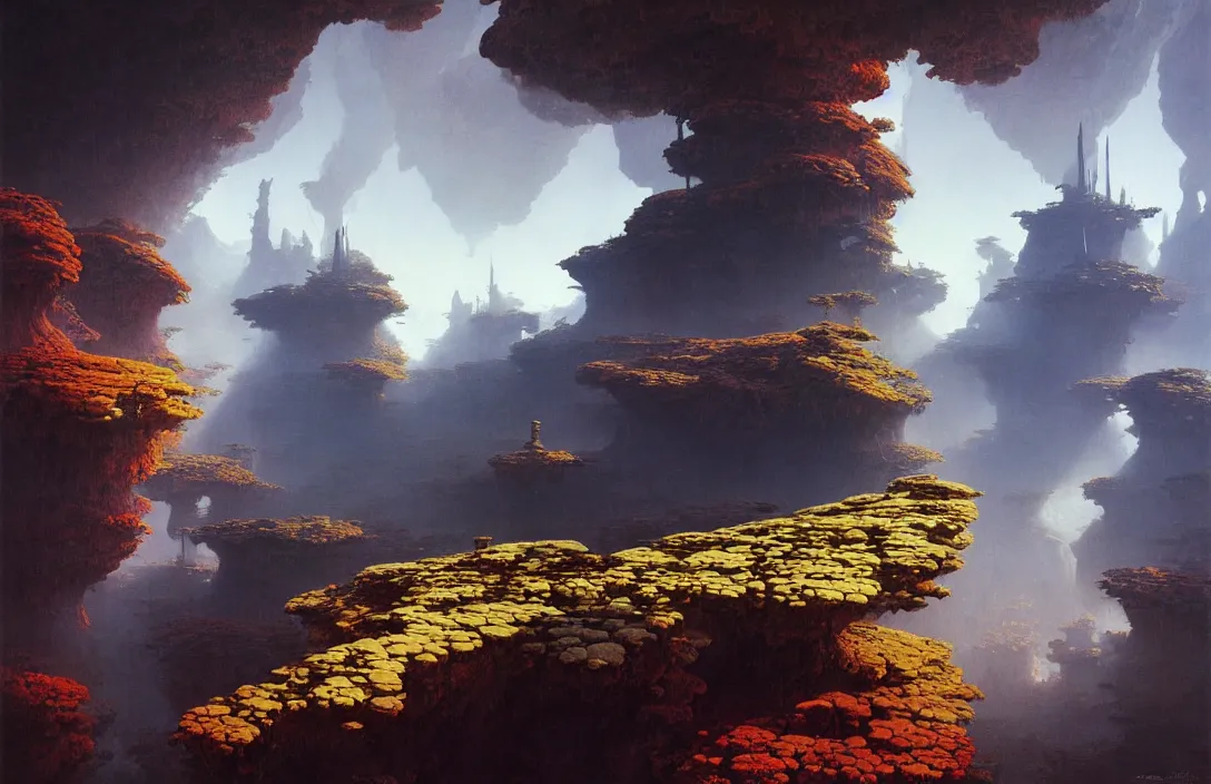 Prompt: line density is used for rendering light and shadow. painting by roger dean once in a lifetime by jan urschel