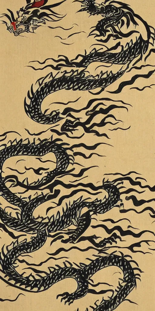 Prompt: japanese woodblock style paper scroll of a tiger transforming into a dragon