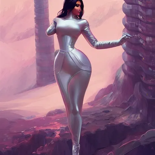 Prompt: Kim Kardashian in futuristic Japanese maid outfit, expressive pose, intricate, elegant, highly detailed, digital painting, artstation, concept art, smooth, sharp focus, illustration, art by artgerm and greg rutkowski and alphonse mucha