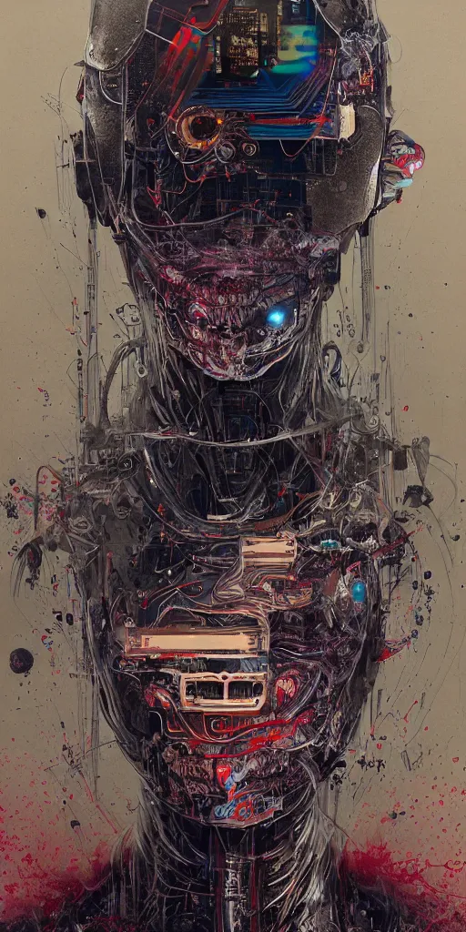 Prompt: portrait of computer & circuits, melting, samurai, 8 k, by tristan eaton, stanley artgermm, tom bagshaw, greg rutkowski, carne griffiths, ayami kojima, beksinski, giger, trending on deviantart, face enhance, hyper detailed, minimalist, cybernetic, android, blade runner, full of colour, super detailed