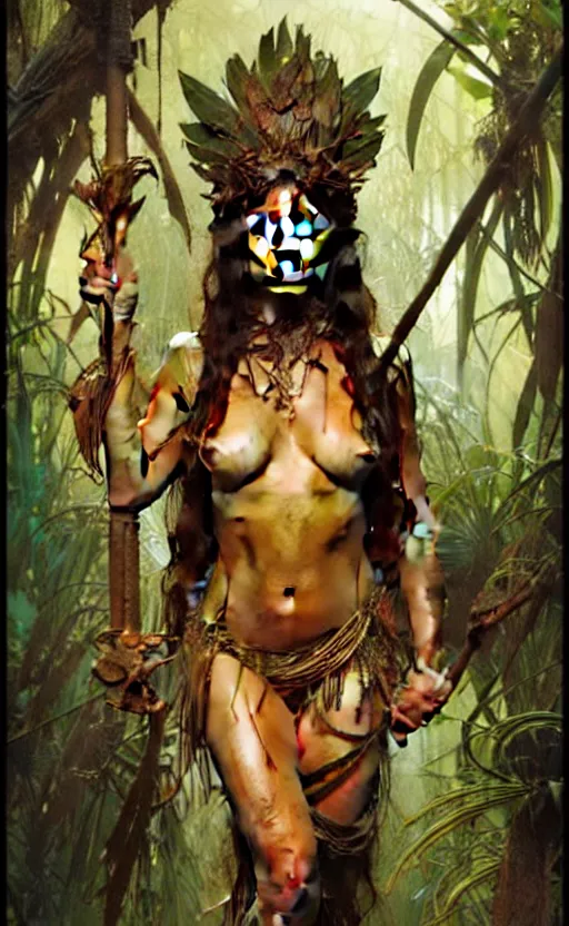 Image similar to tia carrere as jungle queen, gorgeous lighting by weta studio, mucha, bautista and norman rockwell and greg rutkowski and tom bagshaw and james gurney and lucasfilm