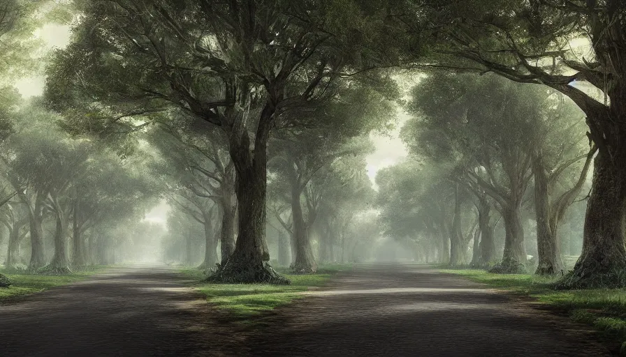 Prompt: a long tree-lined driveway leading up to a plantation, romanticism, hyperdetailed, artstation, cgsociety, 8k