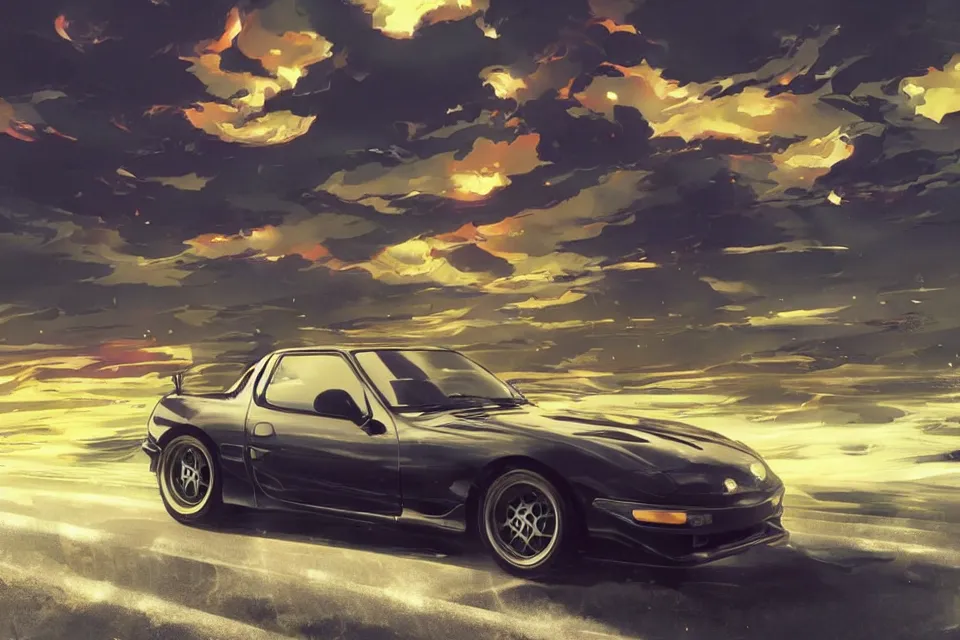 Image similar to aesthetic illustration of ryosuke takahashi with black hair, standing by his glossy mazda rx 7 on an empty highway at sunrise, cinematic lighting, initial d anime 1 0 8 0 p, detailed anime face, high detail, 9 0 s anime aesthetic, volumetric lights, rule of thirds, unreal engine 5 render, pinterest wallpaper, trending on artstation