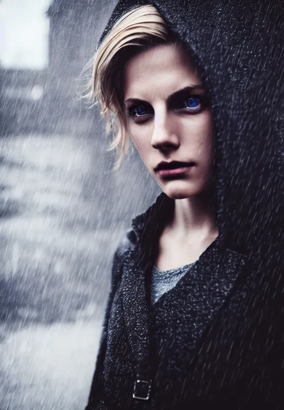 Image similar to cute model annie leonhart posing in dunwall city, beautiful face, detailed face, realistic eyes, cinematic lighting, rainy weather, melancholy atmosphere, volumetric light, gothic architecture, realistic reflections, model agency, instagram photo, depression atmosphere, shot on sony a 7, beauty filter, postprocessing