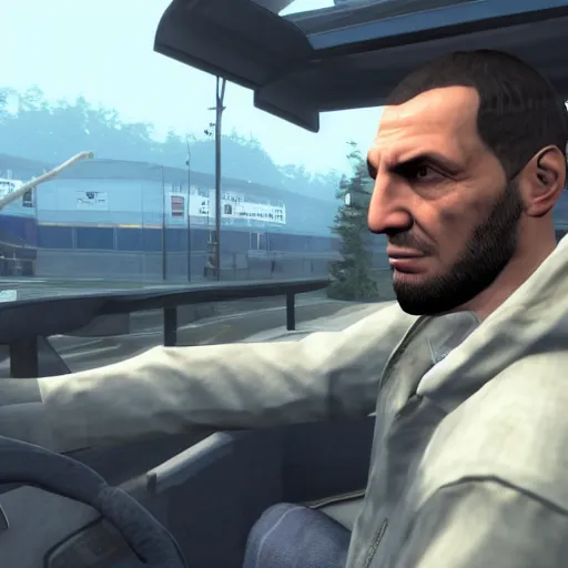 Image similar to niko bellic driving a bus in 4 k