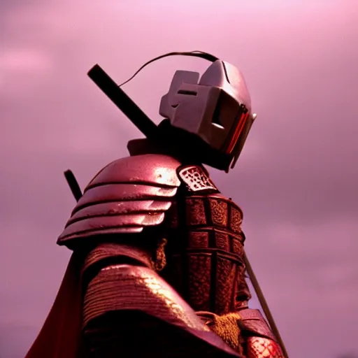 Image similar to cinematic film still MF Doom starring as a Samurai holding fire, Japanese CGI, VFX, 2003, 40mm lens, shallow depth of field,film photography