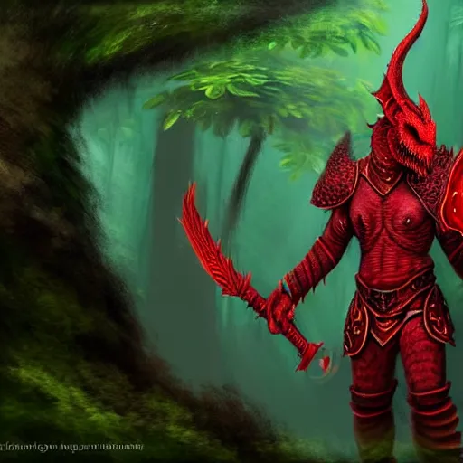 Image similar to A dragonborn with red scales and wings, wearing viking armor, in a rainforest, trending on artstation