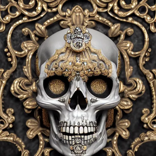Image similar to a portrait of a beautiful ornate and intricate rococo skull with diamonds in the eyesockets, with silver and gold details and diamonds inside a rococo frame, 4k, octane render, vray, unreal engine, photorealistic