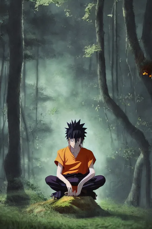 Image similar to photorealistic dark fantasy concept art of Naruto meditating in a forest, dynamic lighting, stunning visuals, realism, cinematic, hyper detailed, ultra detailed, beautiful visuals and sunset