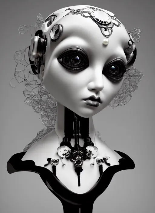 Image similar to black and white dreamy profile face portrait, one silver steampunk eye biomechanical beautiful angelic young female cyborg - robot - doll bust, body ribs meshes,, volumetric light, hibiscus flowers, rim light, big gothic fashion pearl embroidered collar, 1 9 3 0, 8 k