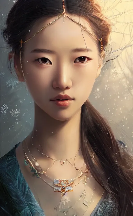 Image similar to a beautiful young charming asian goddess with sundress + jewelry + shinny eyes | | winter, symmetric, realistic shaded, unpleasant face, good looking, fine details, dior, lv, realistic shaded lighting poster by greg rutkowski, macoto takahashi, magali villeneuve, artgerm, jeremy lipkin and michael garmash