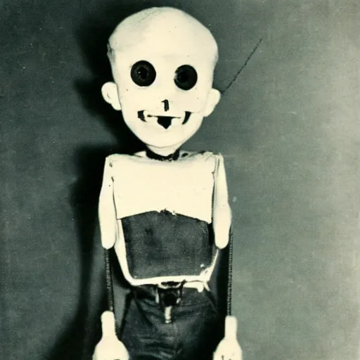 Image similar to 1 9 5 0 s, creepy marionette puppet towards viewer, horror, lost photograph, forgotten, final photo found before disaster, polaroid,