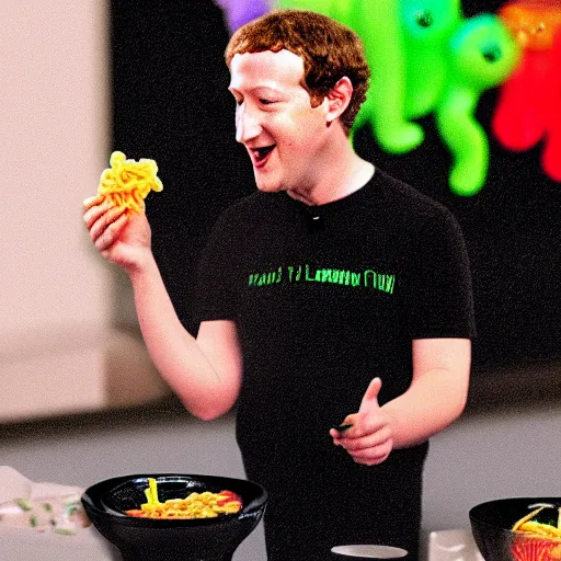 Prompt: mark zuckerberg eating gummy worm ramen