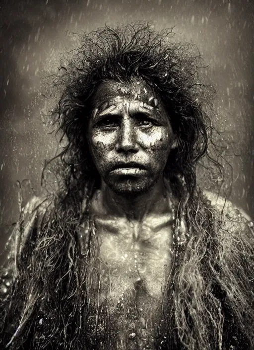 Prompt: Award winning Editorial photograph of Early-medieval Mexican Folk Chupacabras with incredible hair and beautiful hyper-detailed eyes in a rain storm by Lee Jeffries, 85mm ND 4, perfect lighting, gelatin silver process