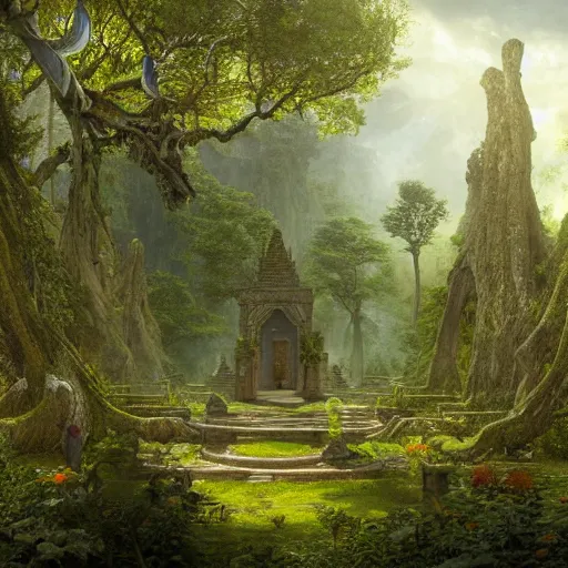 Prompt: a beautiful and highly detailed matte painting of an elven temple in a magical fantasy garden in a lush forest, celtic knots, ancient runes, knotted trees, intricate details, epic scale, insanely complex, 8 k, sharp focus, hyperrealism, very realistic, by caspar friedrich, albert bierstadt, james gurney, brian froud,